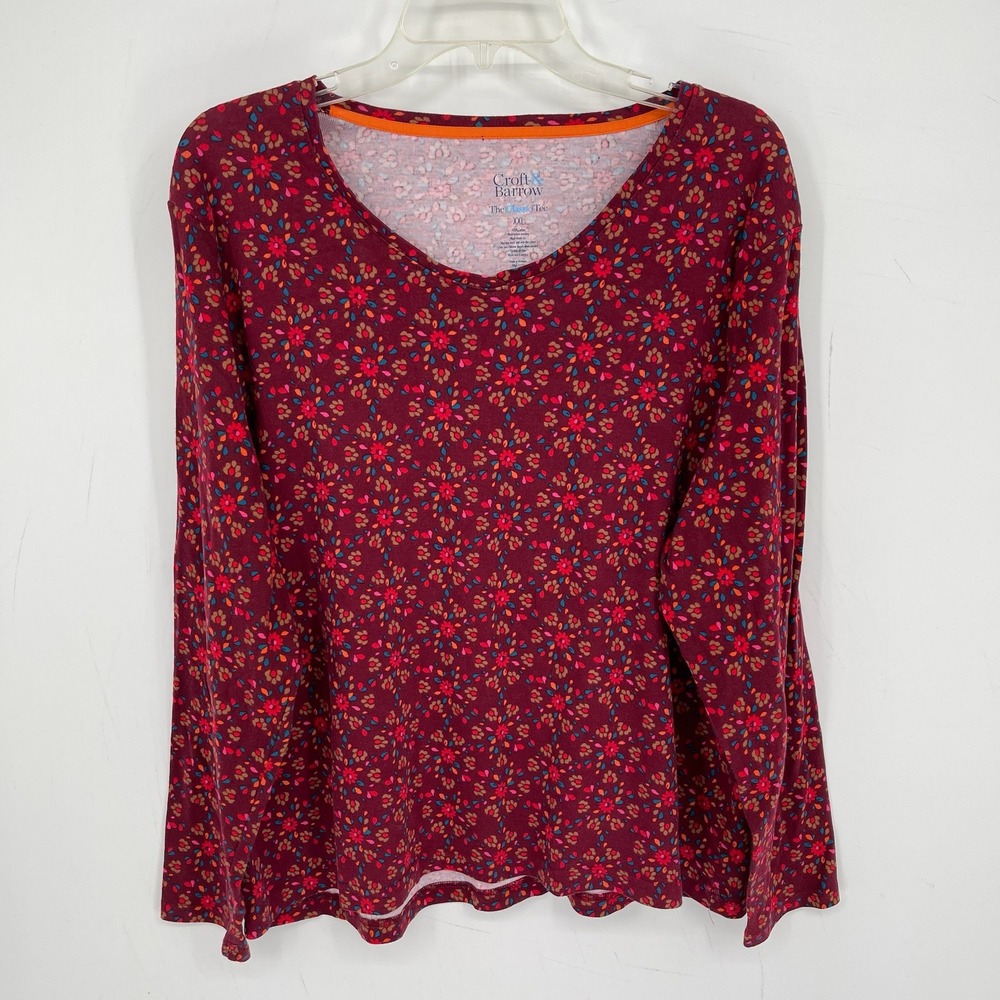 Croft & Barrow Women's Maroon Floral Long Sleeve Classic Tee Top Size XXL 2XL